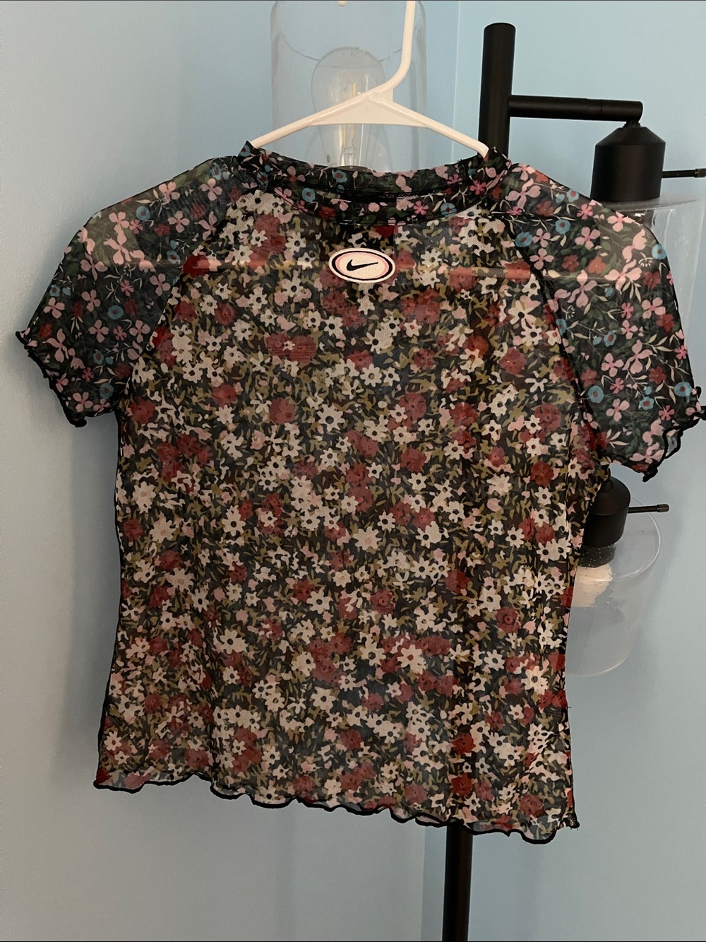 Nike Black Sheer Floral Mesh Short Sleeve Top